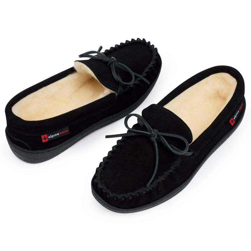 Alpine Swiss Sabine Womens Moccasin Slippers Genuine Suede House Shoe Memory Foam Insole Plush Faux Shearling Fur Indoor Outdoor Anti-Slip Rubber Sole BLK 9 - Image 4